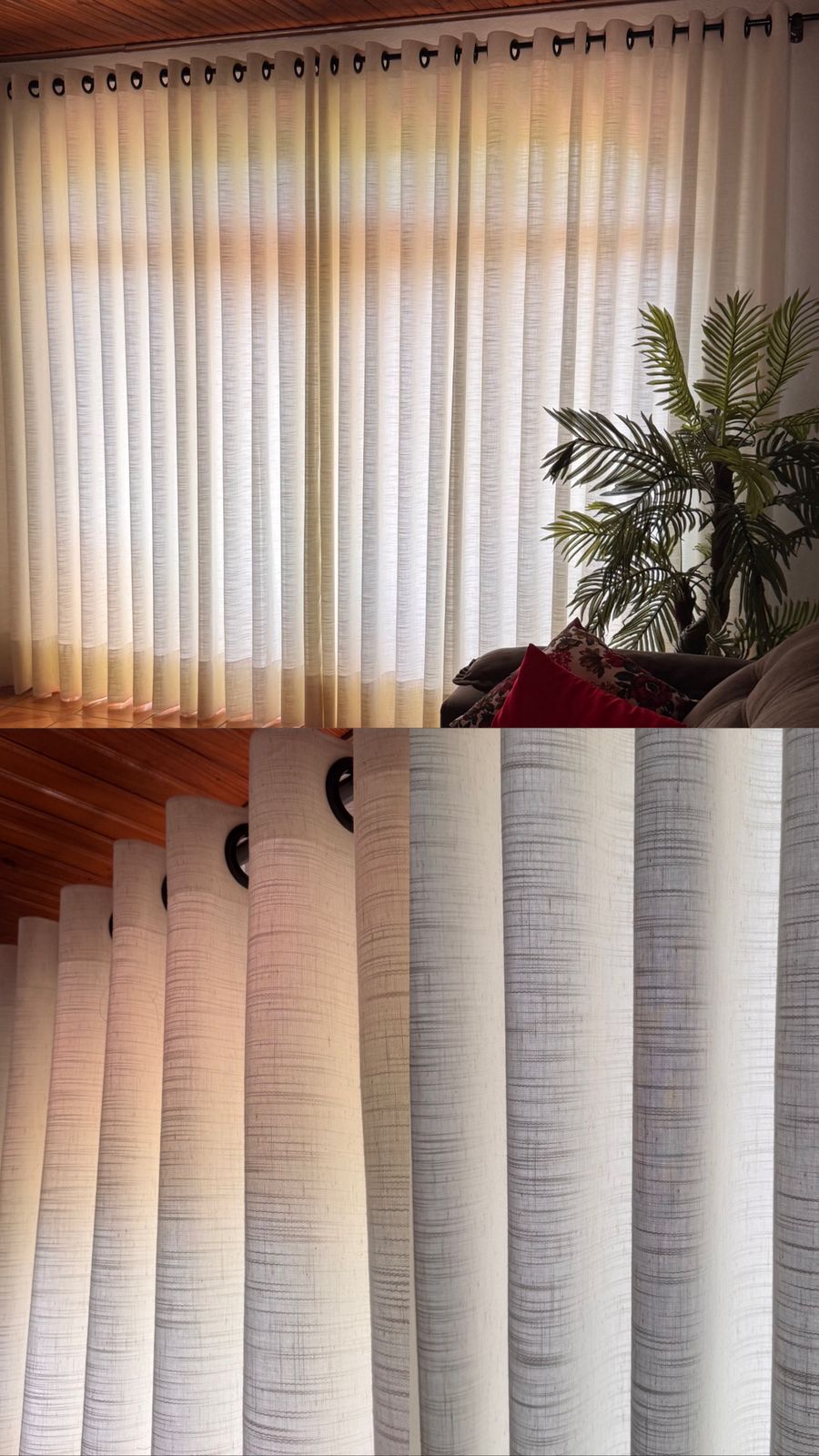 Cortinas com ilhós e detalhes do tecido, trabalho da Teris Modas